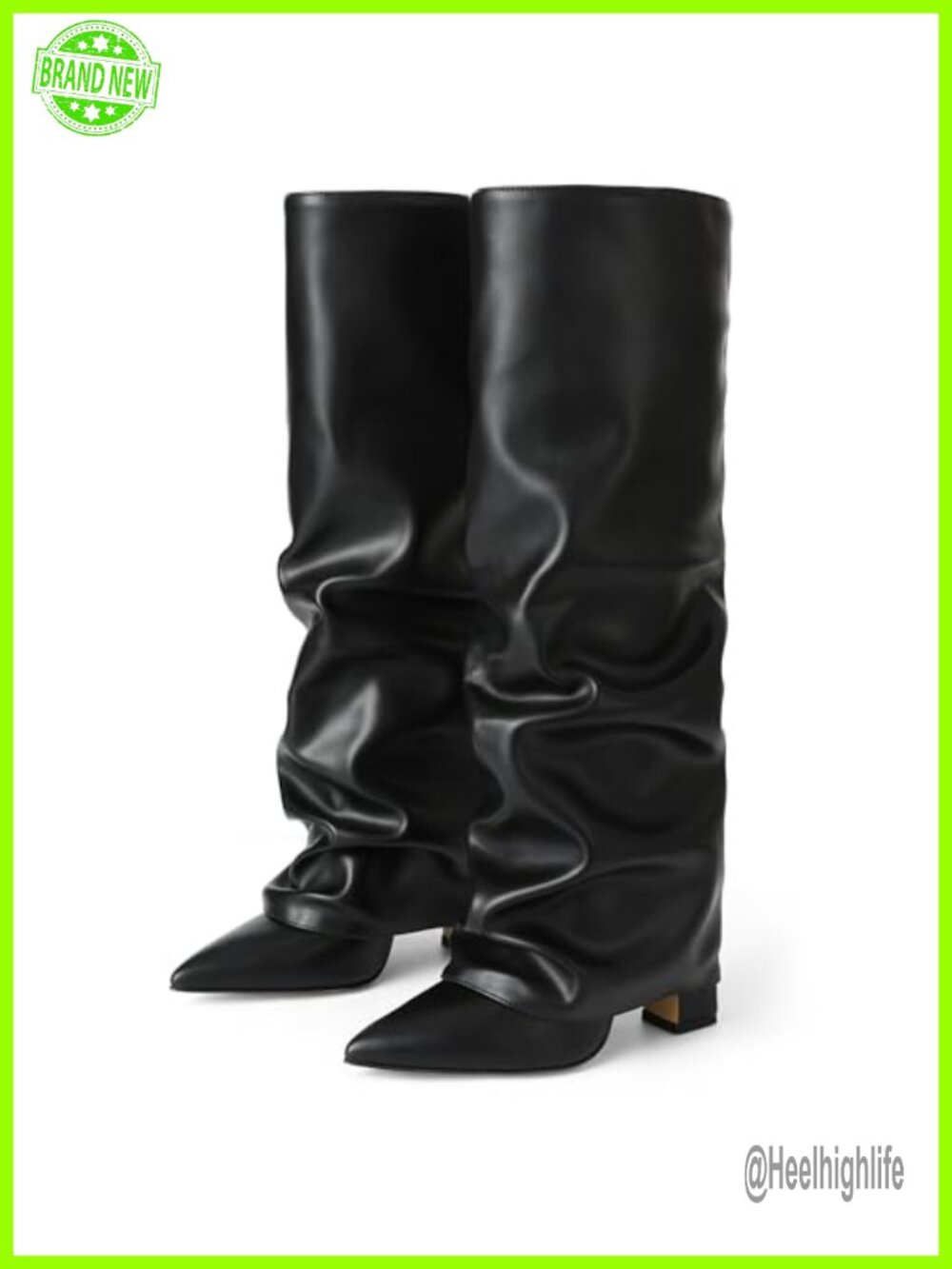 Wide Calf Knee High Block Heel Boots Synthetic Leather Fold Over Boots Slip On